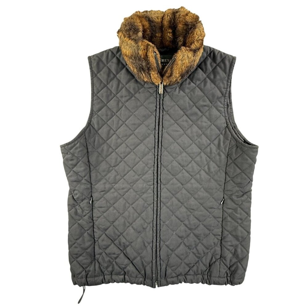 Lauren Ralph Lauren Puffer Vest Womens Small Black Quilted Faux Fur Collar Zip